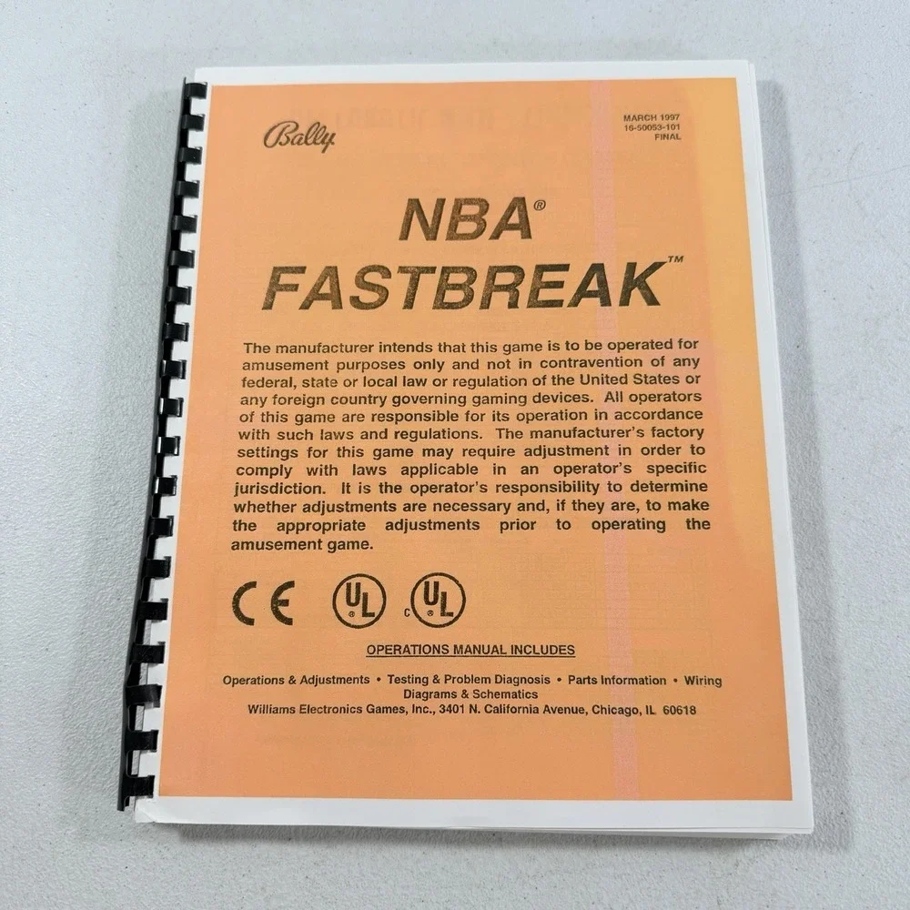 Bally NBA Fastbreak Pinball Arcade Game Manual 1997